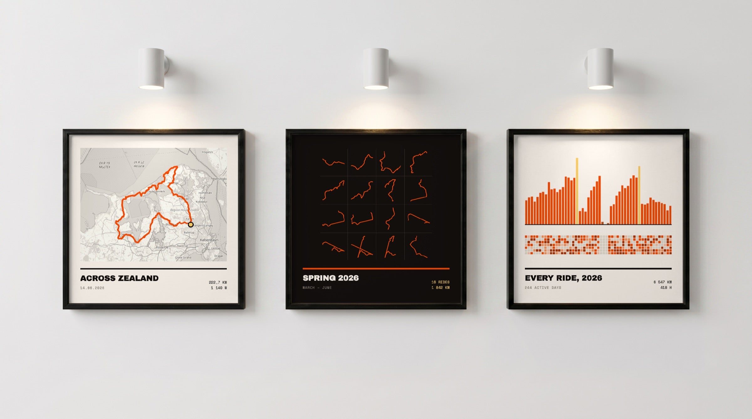 Three framed Epic Efforts prints on a plaster wall