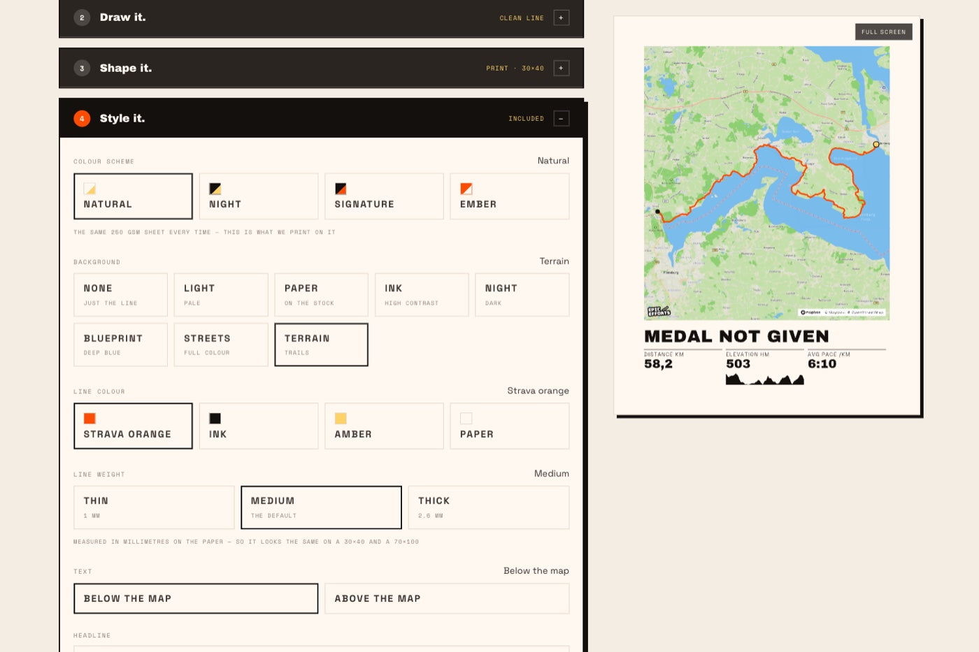 Colourway, eight backgrounds, line colour and weight — with terrain selected.