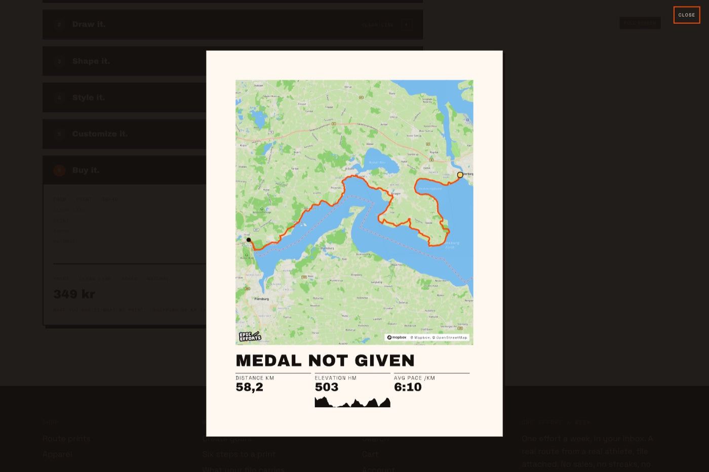 58.2 km · 503 metres of climb · 6:10 per kilometre. Mapbox and OpenStreetMap credited on the print itself.